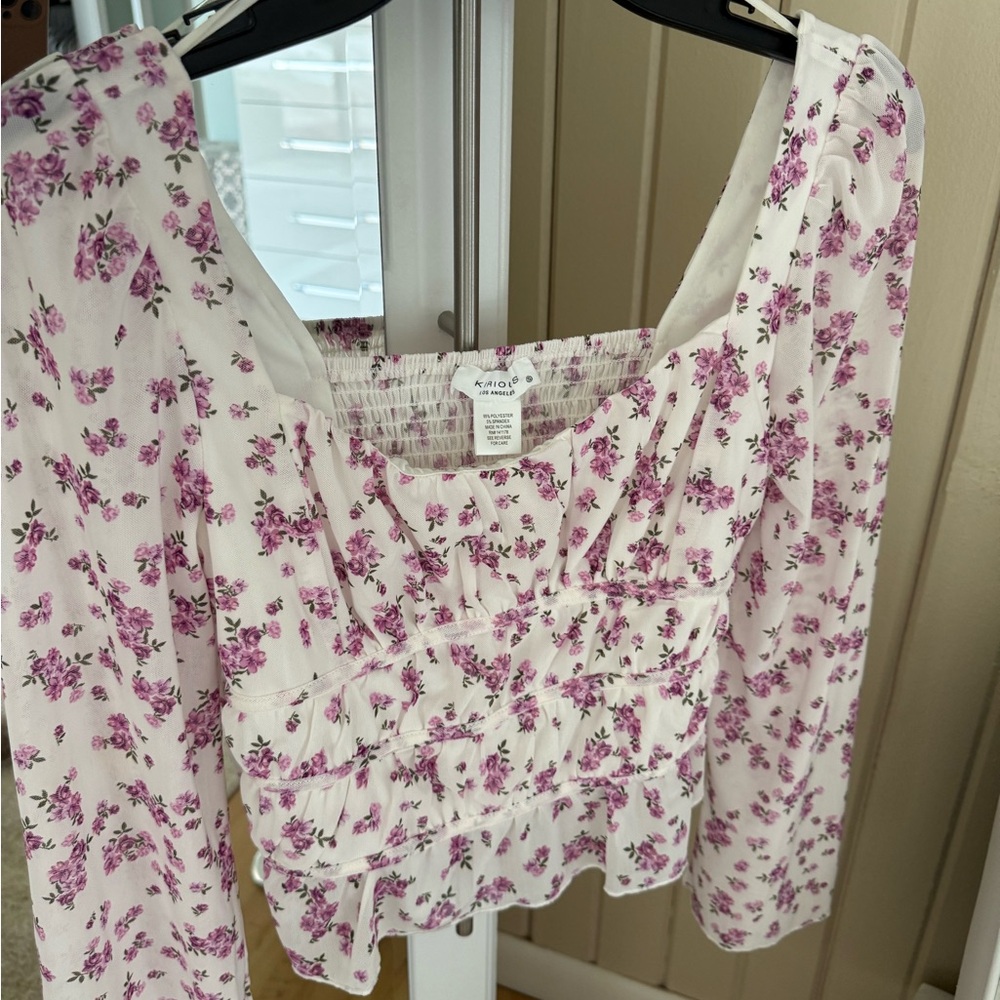 Floral Square Neck Blouse - White and Purple